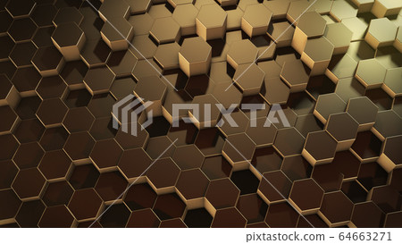 3D rendering of abstract hexagonal geometric golden surfaces in virtual space 3D rendering of abstract hexagonal geometric golden surfaces in virtual space 64663271