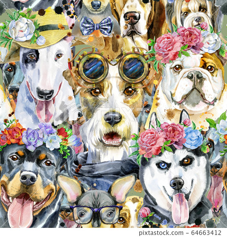 Watercolor seamless pattern of dogs on white... - Stock Illustration ...
