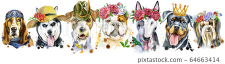 Border from watercolor portraits of dogs for decoration Border from watercolor portraits of dogs for decoration 64663414