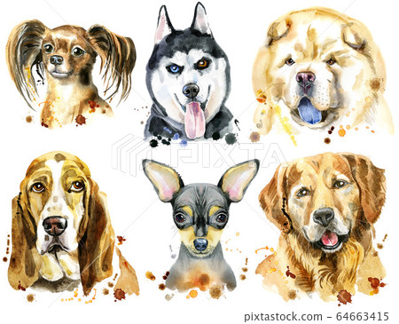 Set of watercolor portraits of dogs for decoration Set of watercolor portraits of dogs for decoration 64663415