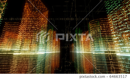 3D rendering of abstract virtual city inside a computer system. Hologram 3D Big Data Digital City 64663517