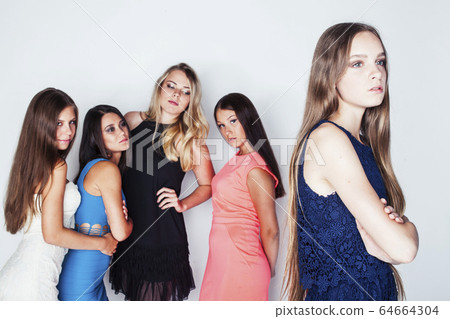 many girlfriends hugging celebration on white background, smiling talking chat closeup, lifestyle people concept many girlfriends hugging celebration on white background, smiling talking chat closeup, lifestyle people concept 64664304
