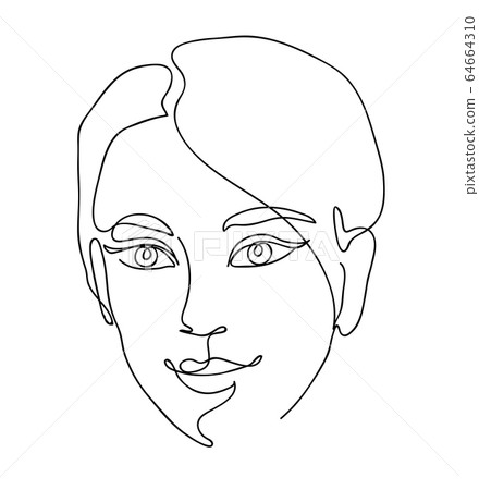 Beautyfull girl face. Attractive young woman portrait female beauty concept. Continuous line drawing. Black and white vector illustration 64664310