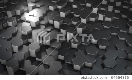 3D rendering of abstract hexagonal geometric metallic surfaces in virtual space 3D rendering of abstract hexagonal geometric metallic surfaces in virtual space 64664516