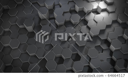 3D rendering of abstract hexagonal geometric metallic surfaces in virtual space 3D rendering of abstract hexagonal geometric metallic surfaces in virtual space 64664517