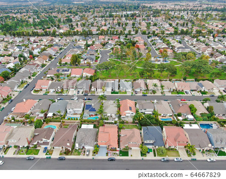 Aerial view of large-scale residential neighborhood, Irvine, California 64667829