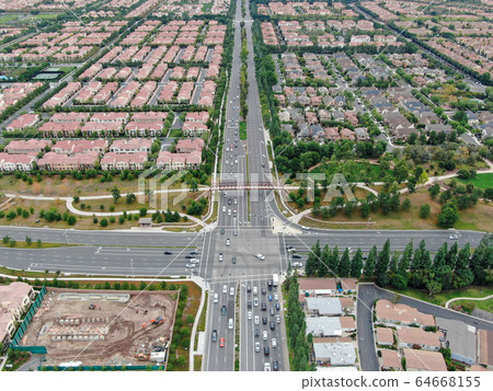 Aerial view of large-scale residential neighborhood, Irvine, California 64668155