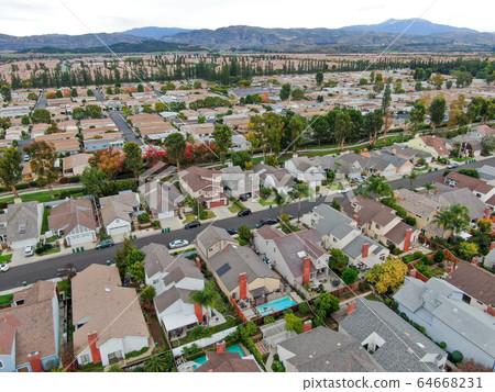 Aerial view of large-scale residential neighborhood, Irvine, California Aerial view of large-scale residential neighborhood, Irvine, California 64668231
