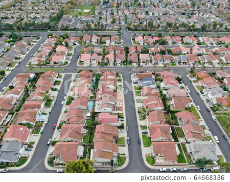 Aerial view of large-scale residential neighborhood, Irvine, California 64668386