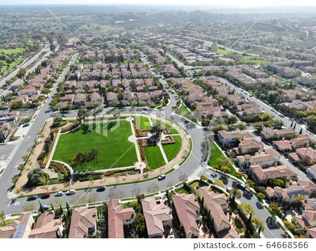 Aerial view suburban neighborhood with identical villas next to each other. San Diego, California Aerial view suburban neighborhood with identical villas next to each other. San Diego, California 64668566