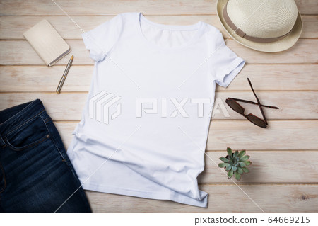 Womens T-shirt mockup with summer hat 64669215