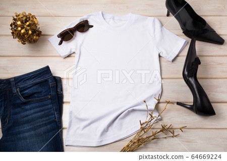 Womens T-shirt mockup with black heels Womens T-shirt mockup with black heels 64669224