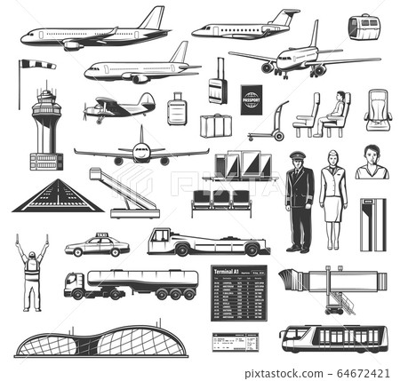 Airport equipment, airlines and aviation icons 64672421