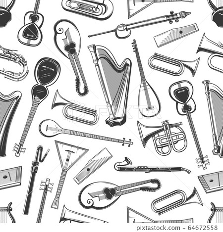 Classic, folk music instruments seamless pattern 64672558