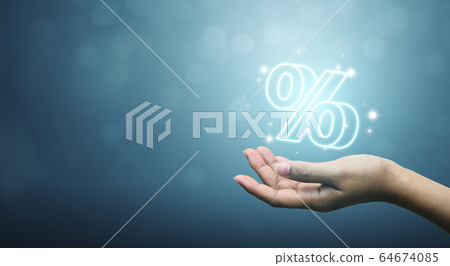 Interest rate financial and mortgage rates concept. Hand showing icon percent 3d sign symbol 64674085
