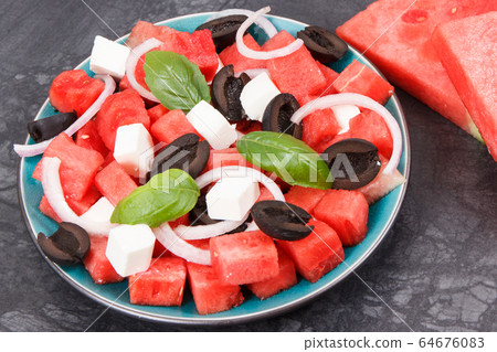 Salad of watermelon and feta cheese Salad of watermelon and feta cheese 64676083
