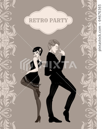 Retro party card, man and woman dressed in 1920s 64676365