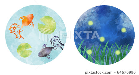 金魚和螢火蟲,夏天的傳統的水彩插圖 金魚和螢火蟲,夏天的傳統的水彩插圖 64676996
