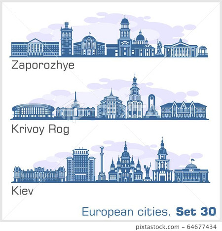 Zaporozhye, Krivoy Rog, Kiev City skyline set. Ukraine. Vector silhouette on white. 64677434
