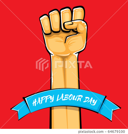 Happy labour day vector label with strong orange fist isolated on red background. vector happy labor day background with man hand. red workers may day poster Happy labour day vector label with strong orange fist isolated on red background. vector happy labor day background with man hand. red workers may day poster 64679100