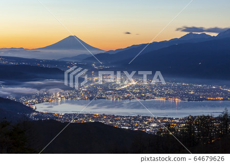 Mt. Fuji and Lake Suwa at dawn at Takabocchi Plateau, Okaya City, Nagano Prefecture Mt. Fuji and Lake Suwa at dawn at Takabocchi Plateau, Okaya City, Nagano Prefecture 64679626