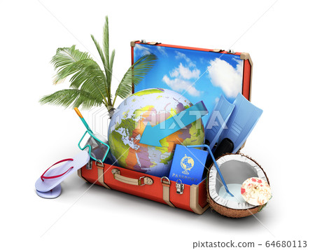 modern summer travel concept suitcase with a globe modern summer travel concept suitcase with a globe 64680113