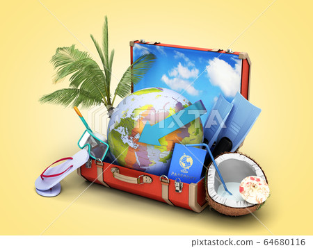 modern summer travel concept suitcase with a globe modern summer travel concept suitcase with a globe 64680116