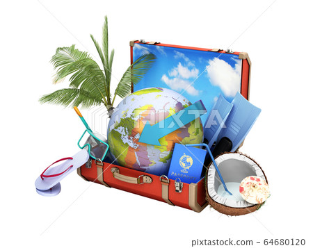 modern summer travel concept suitcase with a globe modern summer travel concept suitcase with a globe 64680120