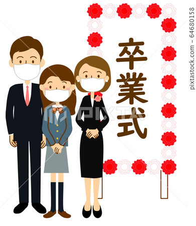 Mask high school graduation ceremony girls and parents and signboard whole body 64680158