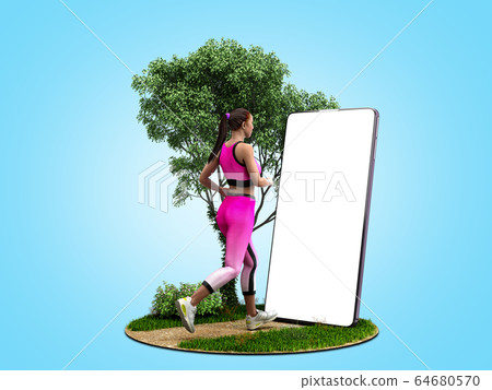 fitness app concept girl runs on nature looking fitness app concept girl runs on nature looking 64680570
