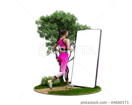fitness app concept girl runs on nature looking fitness app concept girl runs on nature looking 64680571