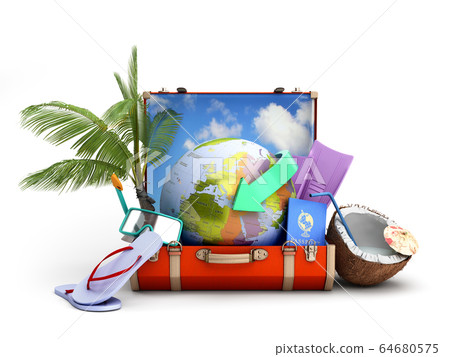 modern summer travel concept suitcase with a globe modern summer travel concept suitcase with a globe 64680575