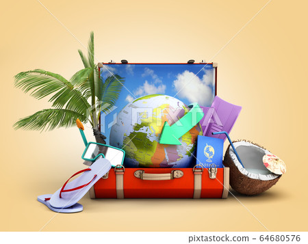 modern summer travel concept suitcase with a globe modern summer travel concept suitcase with a globe 64680576
