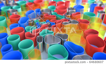 Multicolored 3D composition. Soft cylindrical tubes are drawn to the center, deformed when moving. 64680607