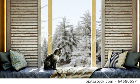 cozy home concept cat sits on a mattress by the 64680657