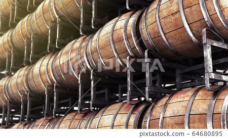 Wooden barrels on stacks 3d illustration 64680895