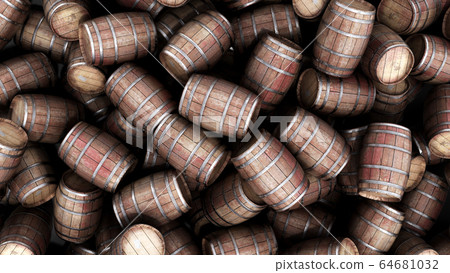 Wooden barrels pile background 3d illustration Wooden barrels pile background 3d illustration 64681032