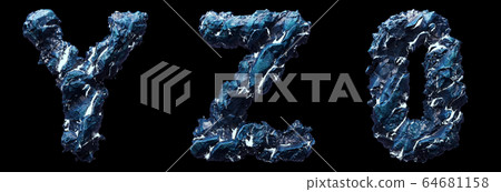 Set of capital letters Y, Z, 0 made of ice isolated on black background. 3d 64681158