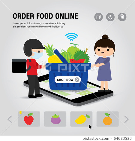 Online Food Delivery Service Concept Cartoon Vector illustration. Mobile or Smartphone open app for Online food order infographic. COVID-19. Quarantine in the city. 64683523