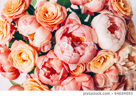 Fresh bunch of pink peonies and roses 64684893