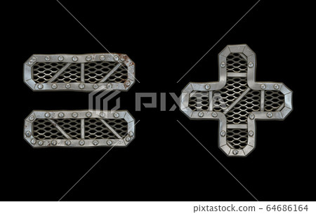 Mechanical alphabet made from rivet metal with gears on black background. Set of symbols equals and plus. 3D 64686164
