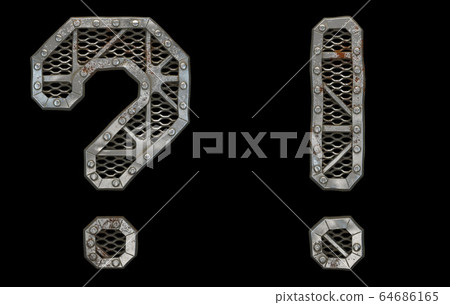 Mechanical alphabet made from rivet metal with gears on black background. Se of symbols question mark and exclamation mark. 3D 64686165