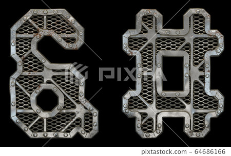 Mechanical alphabet made from rivet metal with gears on black background. Set of symbols ampersand and hash. 3D Mechanical alphabet made from rivet metal with gears on black background. Set of symbols ampersand and hash. 3D 64686166
