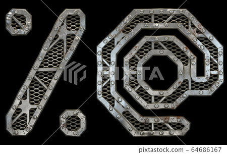Mechanical alphabet made from rivet metal with gears on black background. Set of symbols percent and at. 3D Mechanical alphabet made from rivet metal with gears on black background. Set of symbols percent and at. 3D 64686167