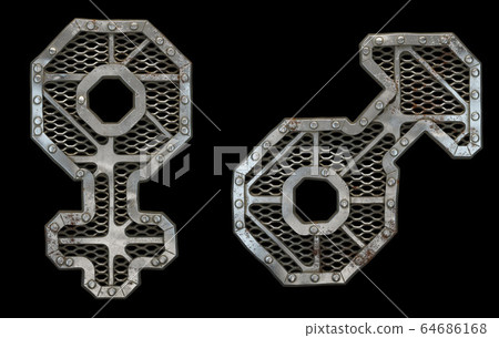 Mechanical alphabet made from rivet metal with gears on black background. Set of symbols Female and male. 3D 64686168