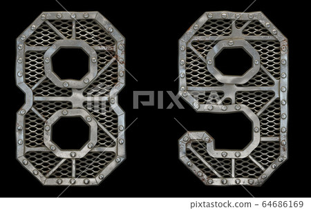 Mechanical alphabet made from rivet metal with gears on black background. Set of numbers 8 and 9. 3D 64686169