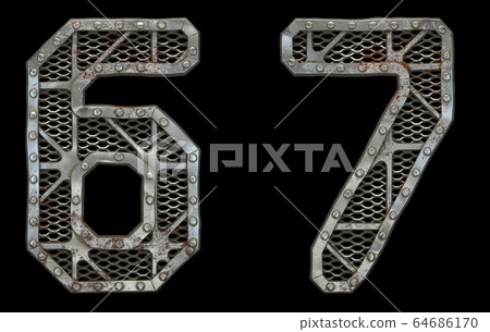 Mechanical alphabet made from rivet metal with gears on black background. Set of numbers 6 and 7. 3D 64686170