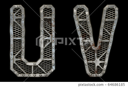 Mechanical alphabet made from rivet metal with gears on black background. Set of letters U and V. 3D Mechanical alphabet made from rivet metal with gears on black background. Set of letters U and V. 3D 64686185