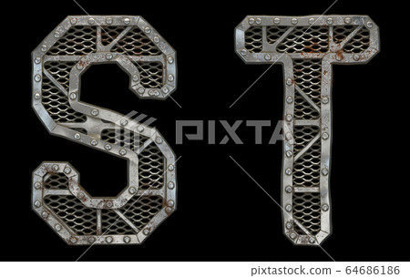 Mechanical alphabet made from rivet metal with gears on black background. Set of letters S and T. 3D Mechanical alphabet made from rivet metal with gears on black background. Set of letters S and T. 3D 64686186