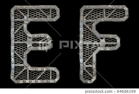 Mechanical alphabet made from rivet metal with gears on black background. Set of letters E and F. 3D 64686199